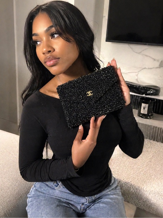 CHANEL Handbags - CHANEL Black Beaded Evening Clutch with Gold CC